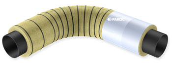 Liels cauruļvada līkums, izolēts ar PAROC Pro cauruļvadu čaulām un segmentiem